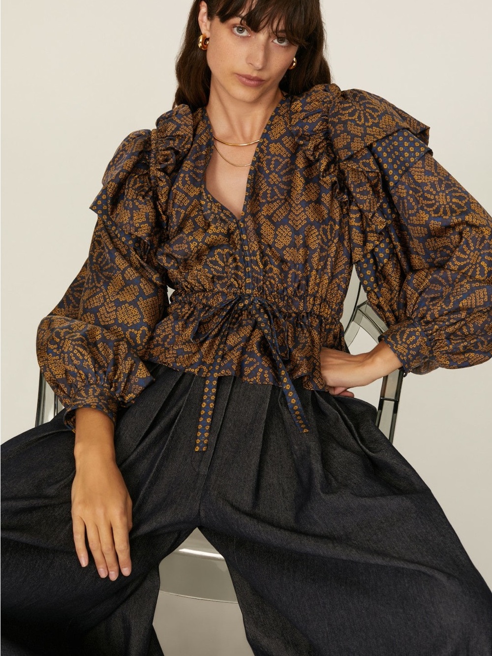 Ulla Johnson Woven Floral Print Peplum Blouse - Brown & Navy size 8 MSRP $500